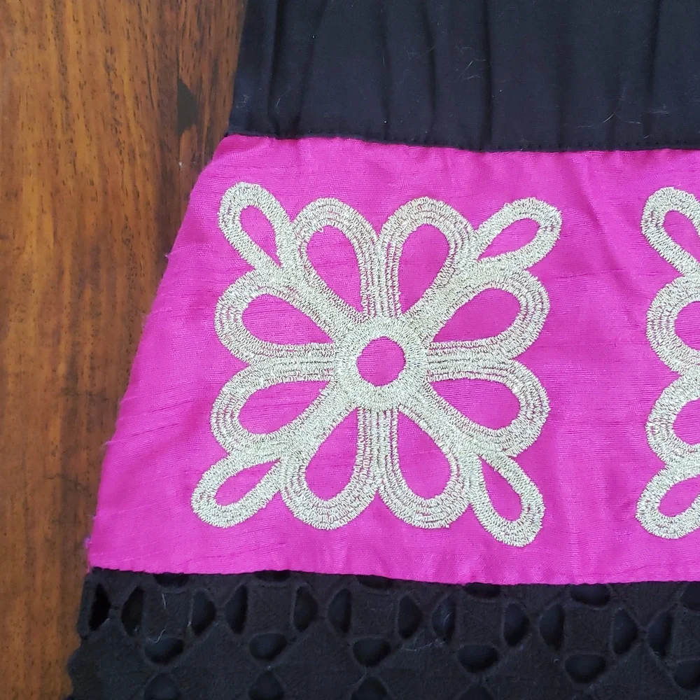 Anthropologie Leifsdottir Catrina Embroidered Pom Pom Eyelet Skirt Pink Black 10
